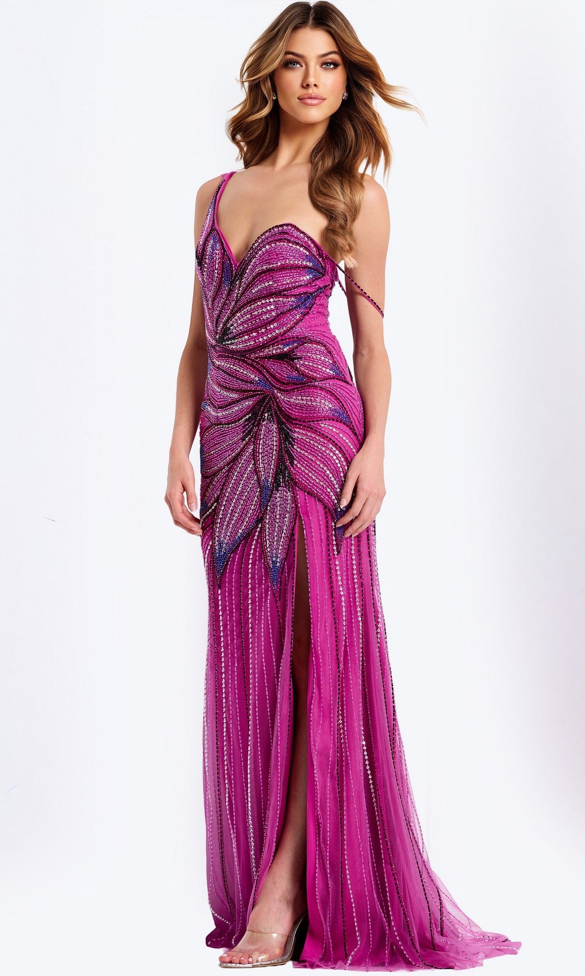 A woman in the Jovani 45876 long prom dress, featuring a vibrant magenta hue, butterfly-inspired design, beaded accents, and a high slit, poses against a white background.